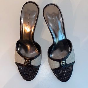 Etienne Aigner Linen & Croc heeled sandal
